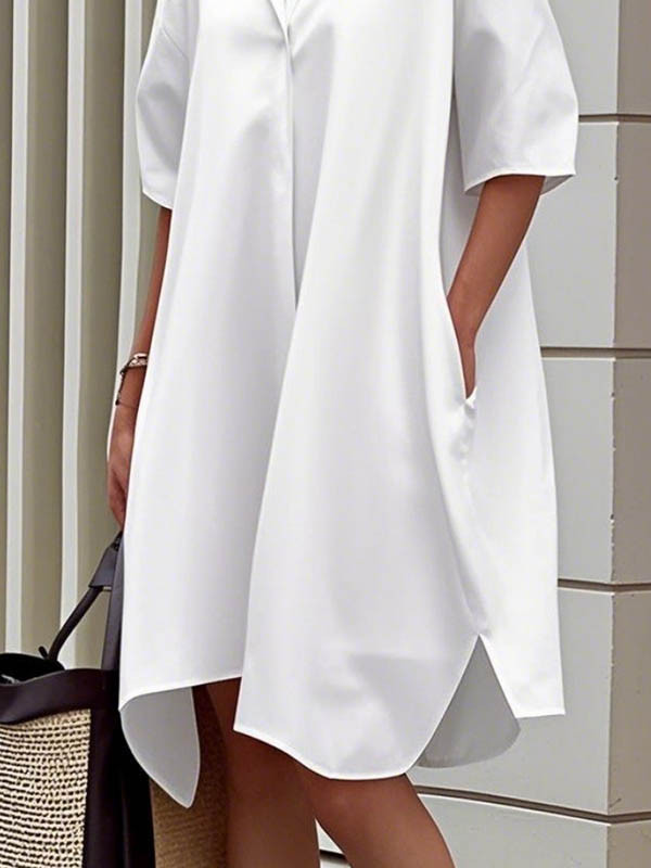 Half Sleeves Loose Buttoned Solid Color Lapel Midi Dresses Shirt Dress