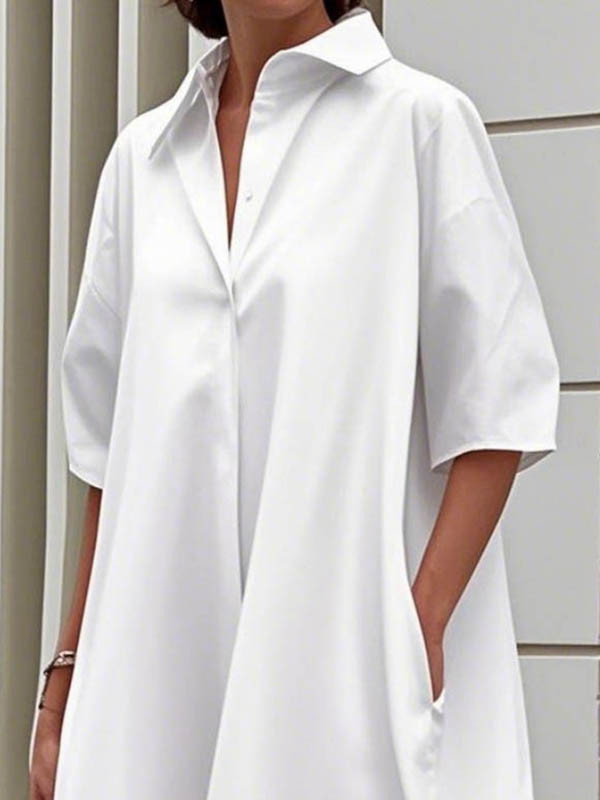 Half Sleeves Loose Buttoned Solid Color Lapel Midi Dresses Shirt Dress