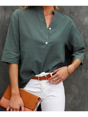 Stylish Summer Essential: Women'S Solid Color Stand Collar Blouse with Elbow Sleeves and Button Detail - Perfect for Casual Streetwear