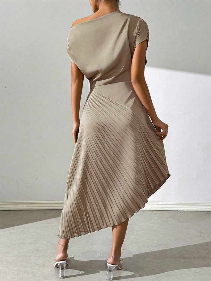 Elegant Slant Shoulder Pleated Hip Dress