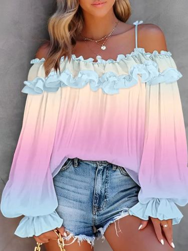 Offshouldbone Fashion Women's Off-Shoulder Gradient Pink to Blue Tie-Dye Top - Ruffled Long Sleeve Strapless Blouse, Semi-Sheer Casual Chic Summer Outfit for Evening Dates, Costume Parties & Resort Wear, Summer Date Night Dress, Flowy Fabric