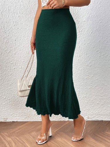 Green Mermaid Midi Skirt High-Waisted Mermaid Midi Skirt - Elegant Green Textured, Ruffled Hem, Polyester Blend, Perfect for Spring & Autumn