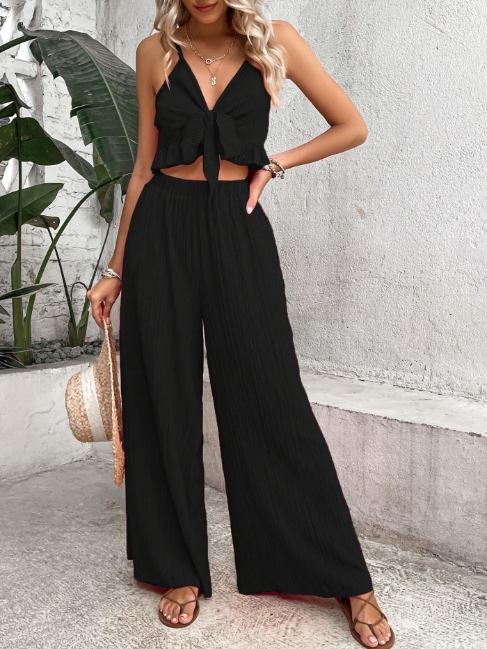 Women'S Summer Vacation V-neck Camisole And Loose Wide-leg Pants Set