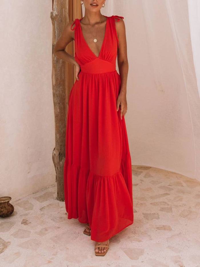 Pleated V-Neck Drawstring Maxi Dress