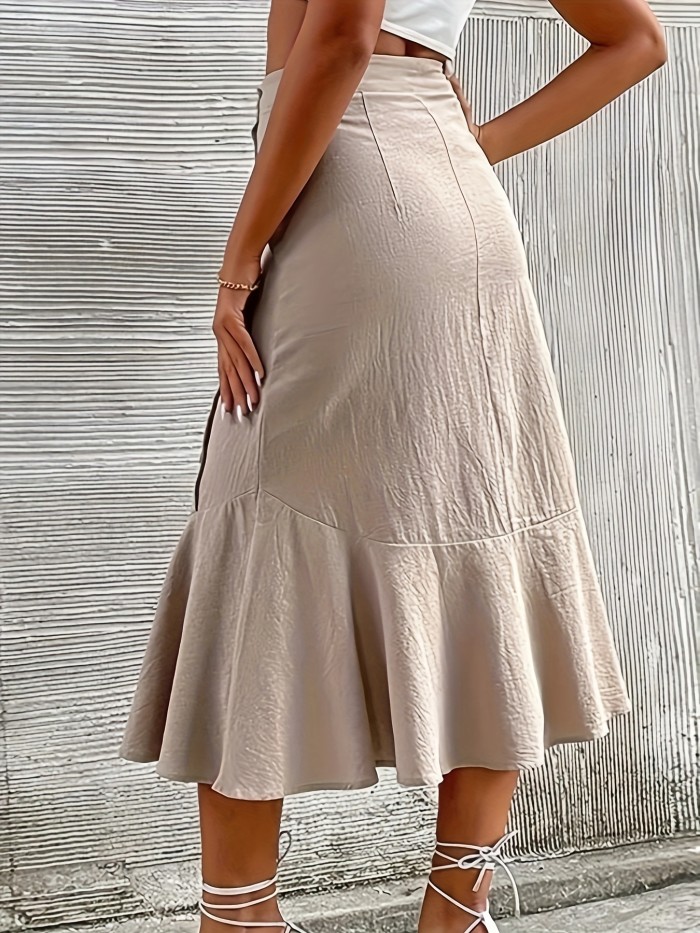 Women'S Elegant Asymmetrical Hem Tiered Skirt with Vertical Button Detail - Lightweight Summer Solid Color Midi Skirt for Casual & Formal Occasions