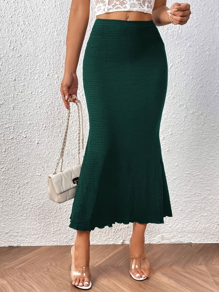 Green Mermaid Midi Skirt High-Waisted Mermaid Midi Skirt - Elegant Green Textured, Ruffled Hem, Polyester Blend, Perfect for Spring & Autumn