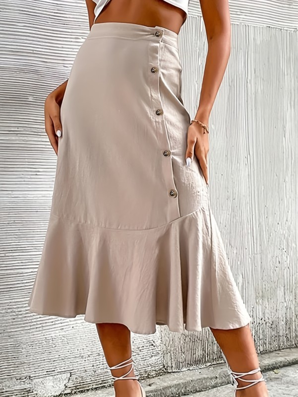 Women'S Elegant Asymmetrical Hem Tiered Skirt with Vertical Button Detail - Lightweight Summer Solid Color Midi Skirt for Casual & Formal Occasions