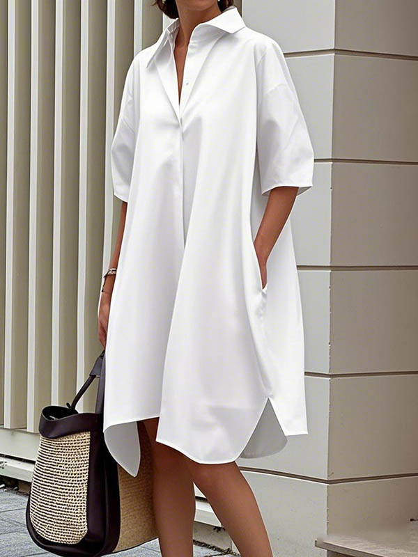 Half Sleeves Loose Buttoned Solid Color Lapel Midi Dresses Shirt Dress