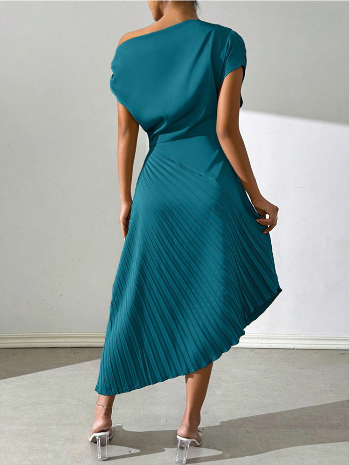 Elegant Slant Shoulder Pleated Hip Dress