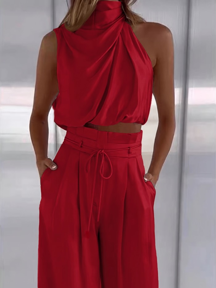 Women Solid Color One-shoulder Top And High-waisted Loose Wide-leg Long Pants Set