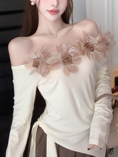 Women'S Spring Slim Tops Long Sleeve 3D Flower Decor Off Shoulder Trendy Blouses