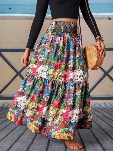 Women's Floral Print A-Line Midi Skirt - 100% Polyester, Vibrant Colors, Elastic Waist with Drawstring, Flared Hem & Gathered Detailing, Machine Washable for Beach Vacations & Casual Outings, Casual Attire, Lightweight Fabric, Summer Style