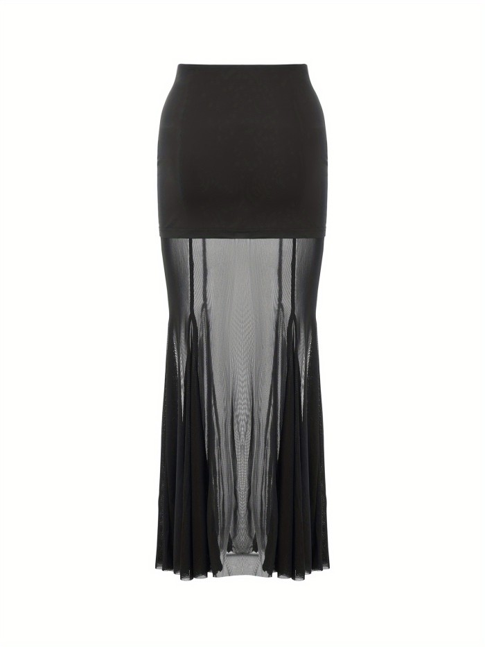 Women'S Midi Skirt Elegant Slim Fit A-Line See Through Fishtail Hem Mesh Bodycon Skirt for Spring Summer