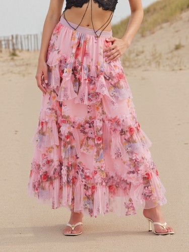 Women's Summer Floral Print A-Line Midi Skirt - Irregular Flowy Design with Pleated Hem, Lightweight Breathable Fabric for Casual & Beach Outings, Hand Wash Only, Beach Skirt, Warm Weather Fashion, Feminine Style, Comfortable Fit, Vacation Style