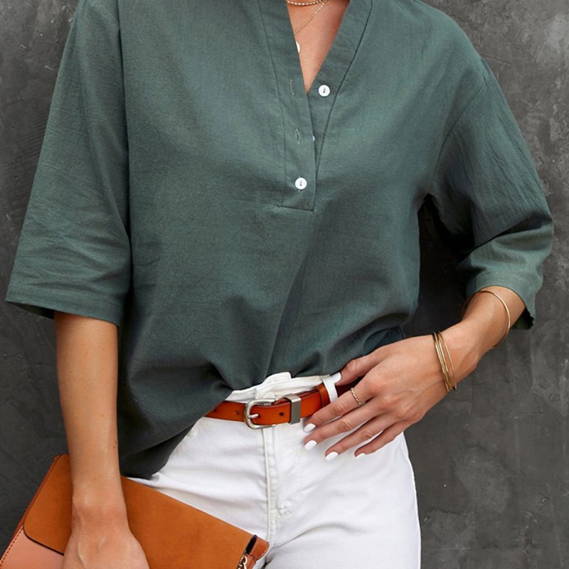 Stylish Summer Essential: Women'S Solid Color Stand Collar Blouse with Elbow Sleeves and Button Detail - Perfect for Casual Streetwear