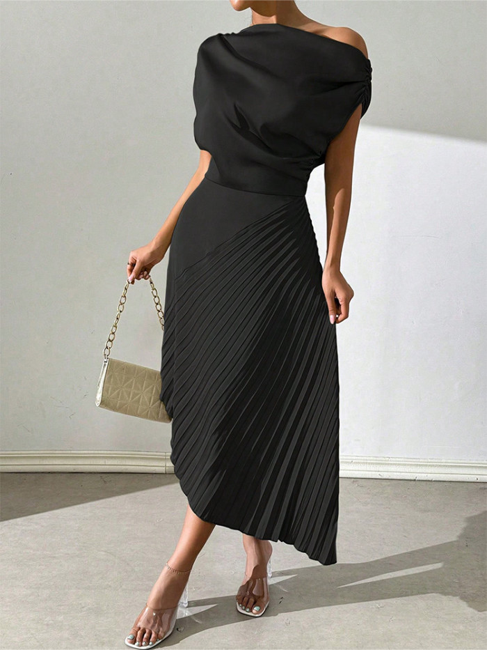 Elegant Slant Shoulder Pleated Hip Dress