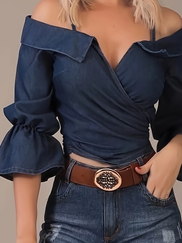 Women's Elegant Off-Shoulder V-Neck Spaghetti Strap Shirt with Flared Bell Sleeves - Solid Color Ruffled Detail Top, Machine Washable for Spring Summer Fall Casual & Formal Wear