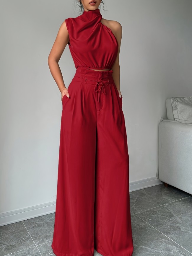 Women Solid Color One-shoulder Top And High-waisted Loose Wide-leg Long Pants Set