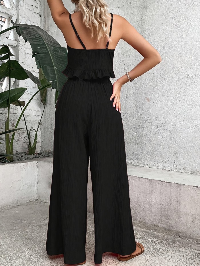 Women'S Summer Vacation V-neck Camisole And Loose Wide-leg Pants Set