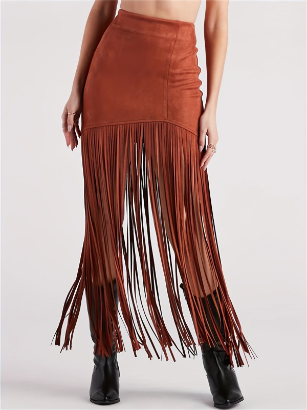 Women's Western Cowgirl Fringe Skirt - Suede Bodycon Pencil Maxi Skirt with Tassel Hem, H-Line Silhouette & Side Slit for Country Music Festivals & Boho Vacations