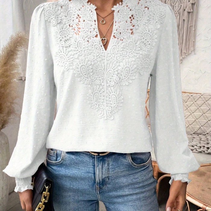Women's V-Neck Lace Trim Polka Dot Blouse