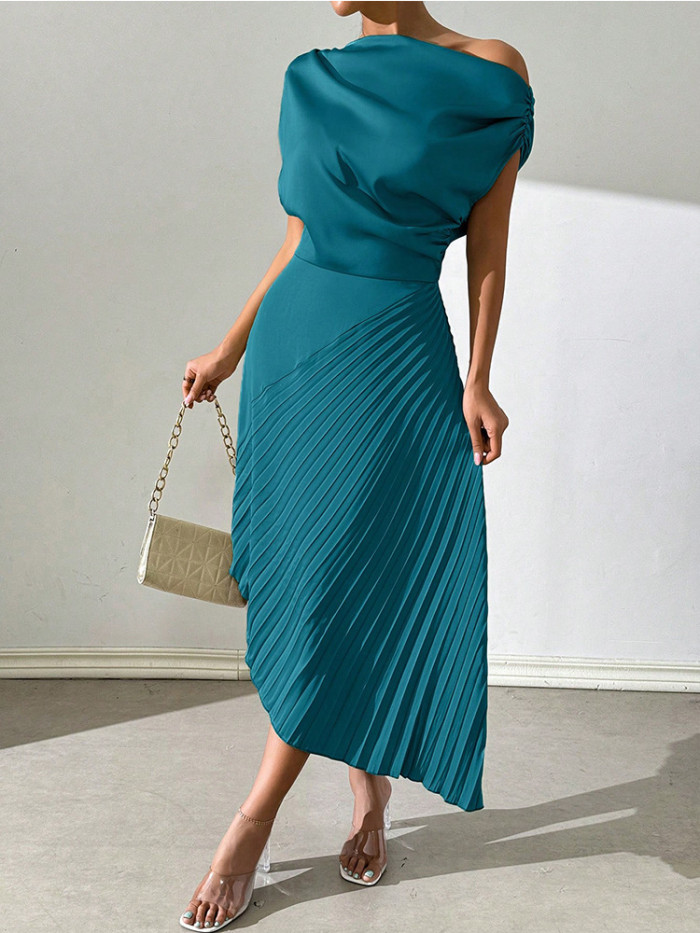 Elegant Slant Shoulder Pleated Hip Dress