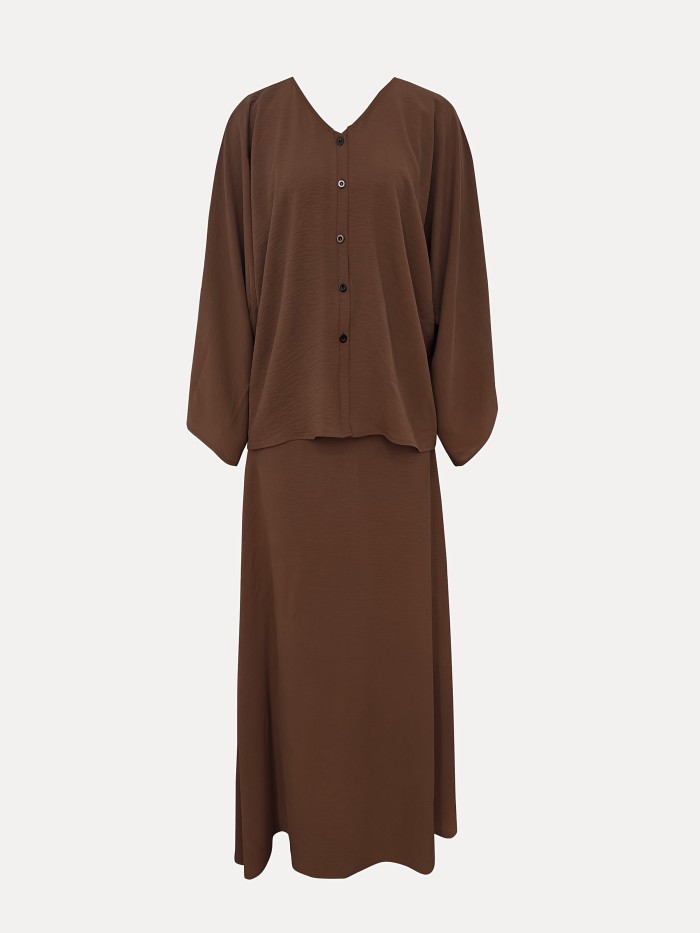 Two-piece Set of Fashionable Women's V-neck Long-sleeved Button-Open Cardigan and Loose and Comfortable Solid Color Skirt
