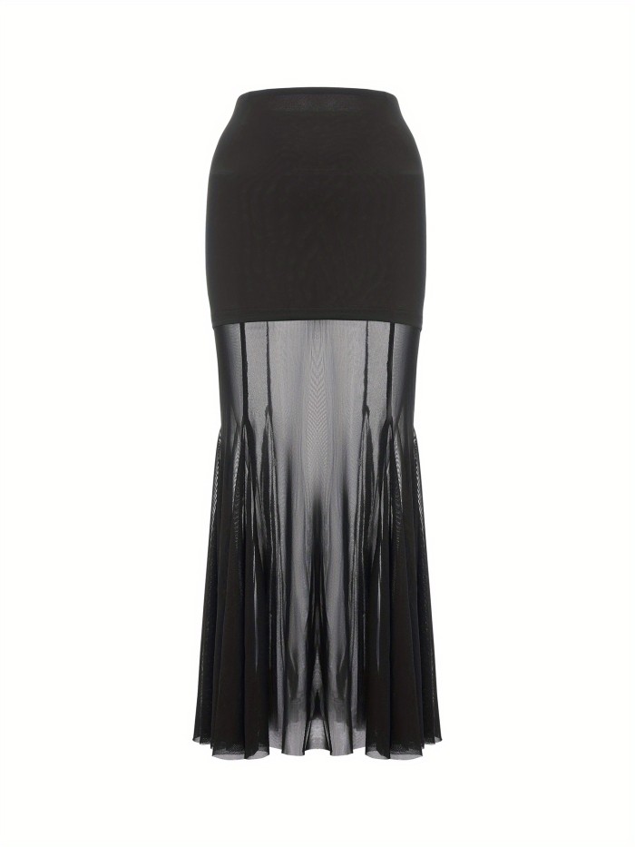 Women'S Midi Skirt Elegant Slim Fit A-Line See Through Fishtail Hem Mesh Bodycon Skirt for Spring Summer