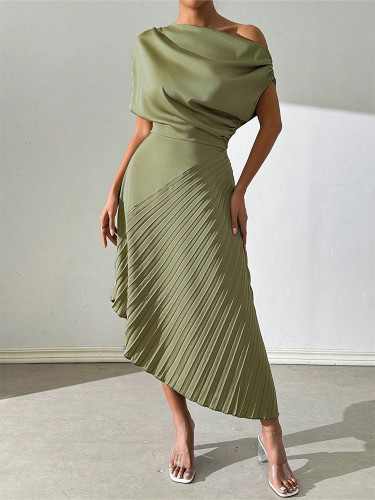 Elegant Slant Shoulder Pleated Hip Dress