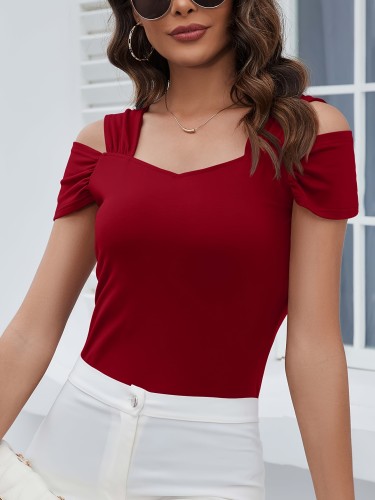 Casual V Neck Cold Shoulder Summer T-Shirts For Women, Short Sleeve Slim Fit Tunic Tops, Ideal For Everyday Style