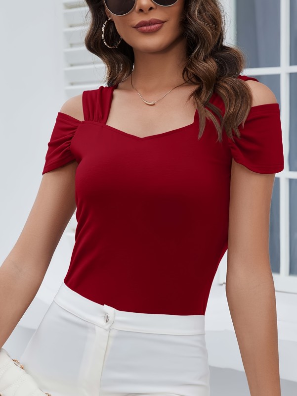 Casual V Neck Cold Shoulder Summer T-Shirts For Women, Short Sleeve Slim Fit Tunic Tops, Ideal For Everyday Style