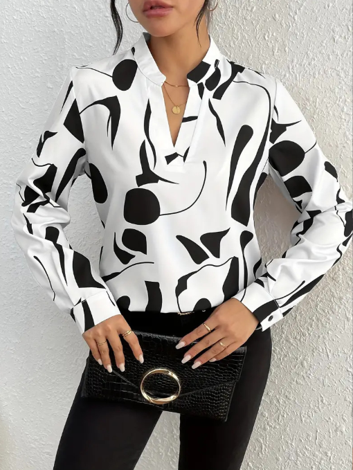 Allover Print V Neck Blouse, Vacation Style Flare Sleeve Top For Spring & Fall, Women's Clothing