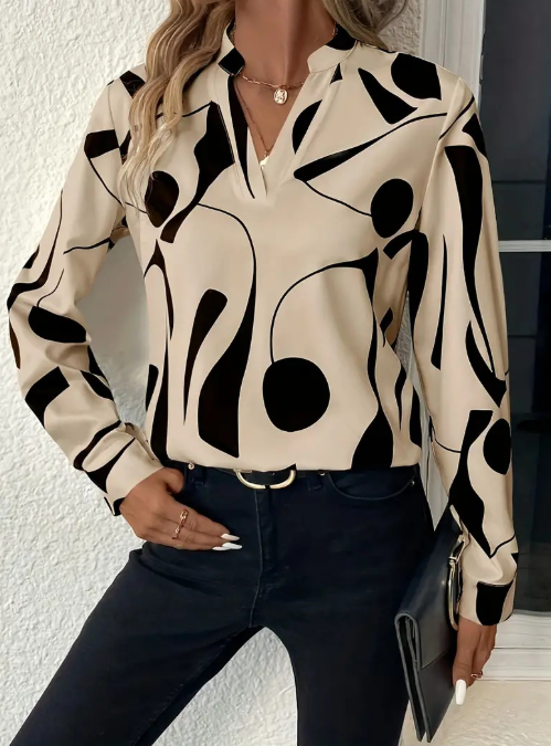 Allover Print V Neck Blouse, Vacation Style Flare Sleeve Top For Spring & Fall, Women's Clothing