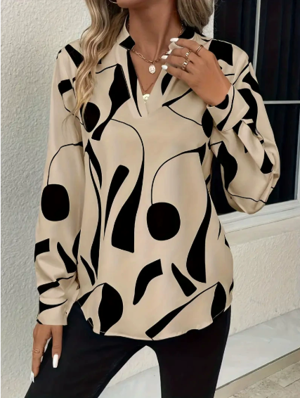 Allover Print V Neck Blouse, Vacation Style Flare Sleeve Top For Spring & Fall, Women's Clothing