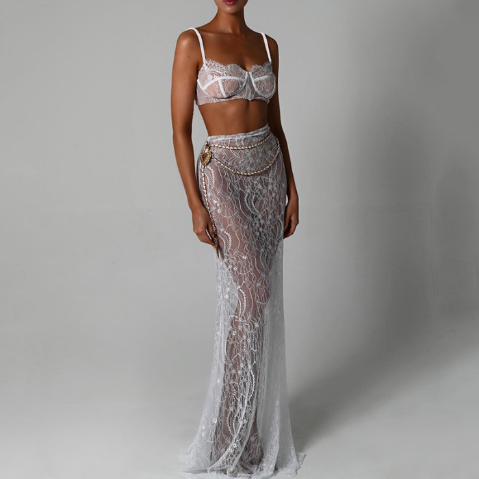 Women's Fashion Sexy Halter Backless Evening Dress Floor-Mopping Fishtail Two-Piece Set
