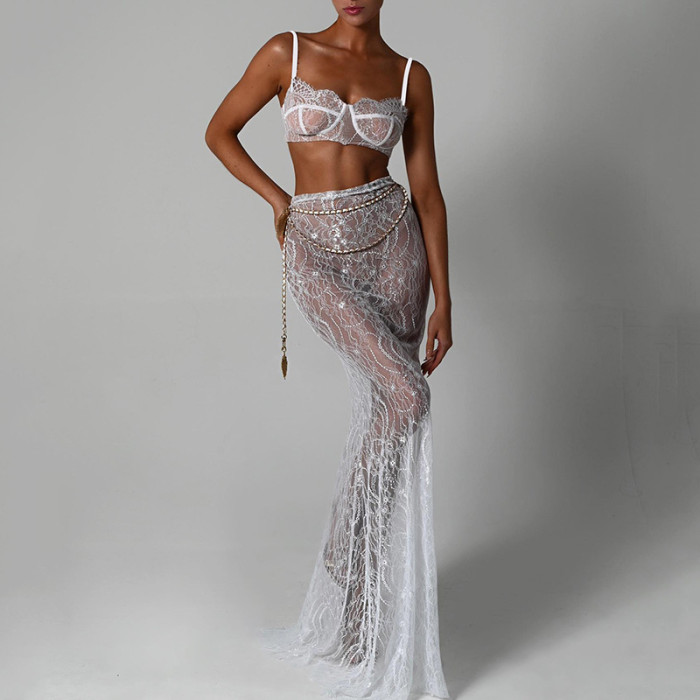 Women's Fashion Sexy Halter Backless Evening Dress Floor-Mopping Fishtail Two-Piece Set