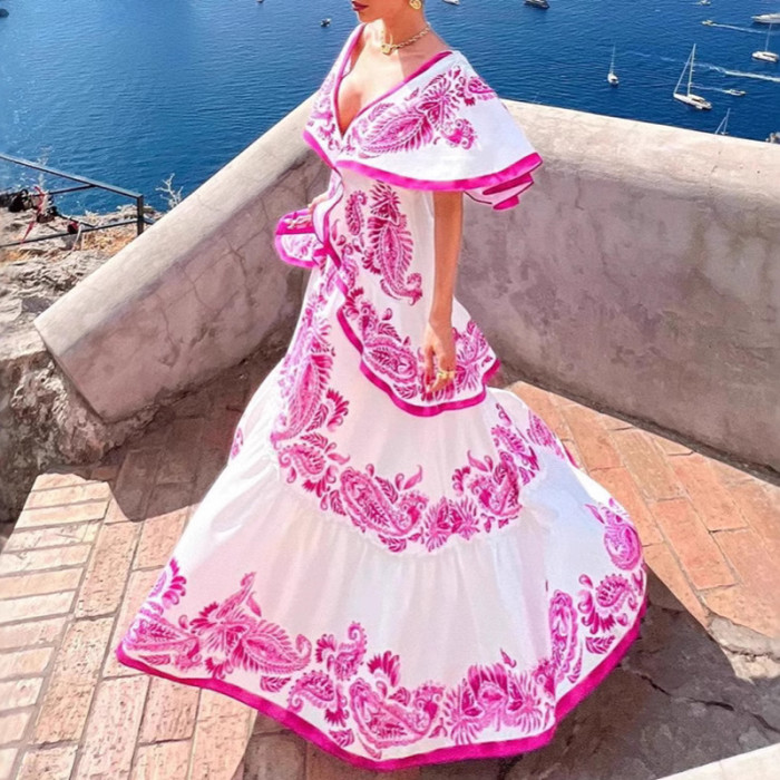 Fashion Pattern Print Party Elegant Deep V-neck Ruffle Bohemian Casual Short Sleeve Pleated Long Dresses