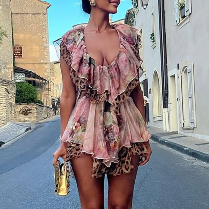 Women Casual Sleeveless Pleat Party Elegant Ruffle Deep V-neck Fashion Pattern Print Hollow Chiffon Mini Dress