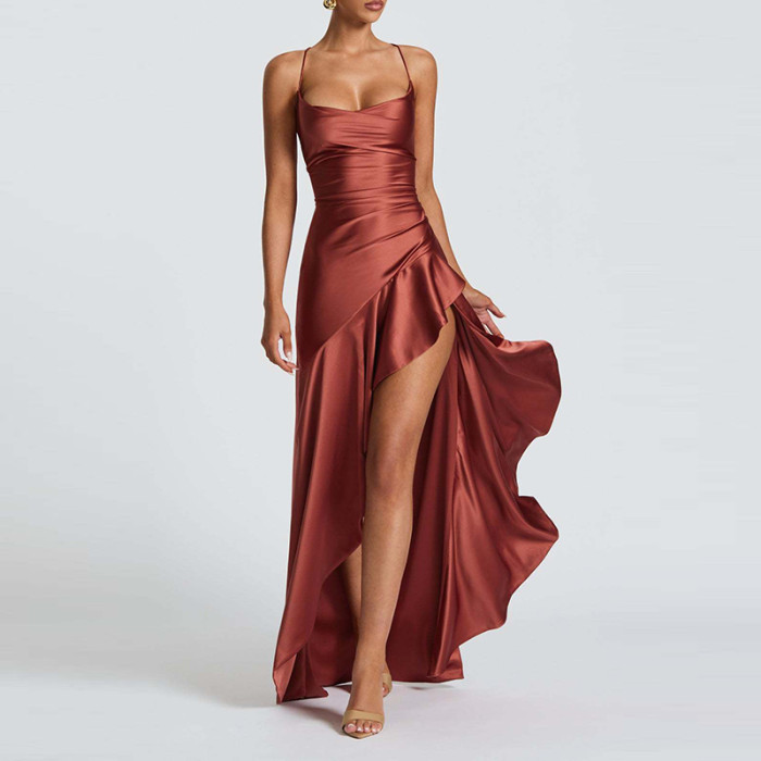 Sexy Off Shoulder Solid Suspenders Fashion Asymmetric Slim Fit Party Dresses Elegant Split Ruffle Evening Dress