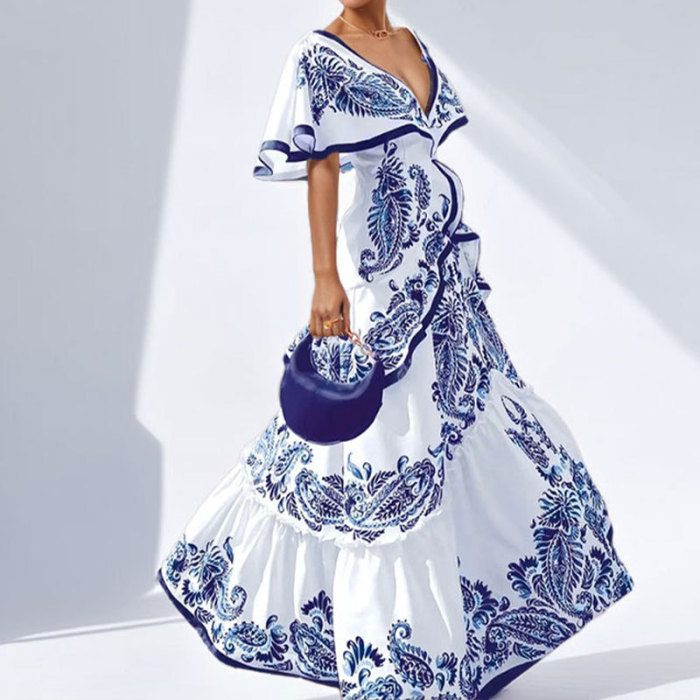 Fashion Pattern Print Party Elegant Deep V-neck Ruffle Bohemian Casual Short Sleeve Pleated Long Dresses