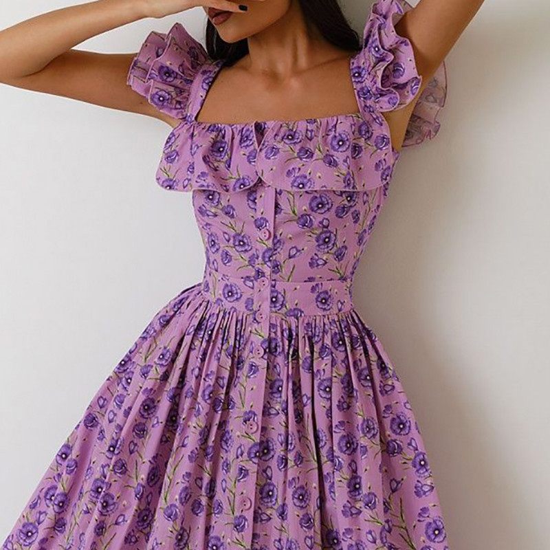 Sexy Square Neck Flying Sleeve Elegant Floral Print Hight Waist Party Fashion Button Pleated Bohe Dresses
