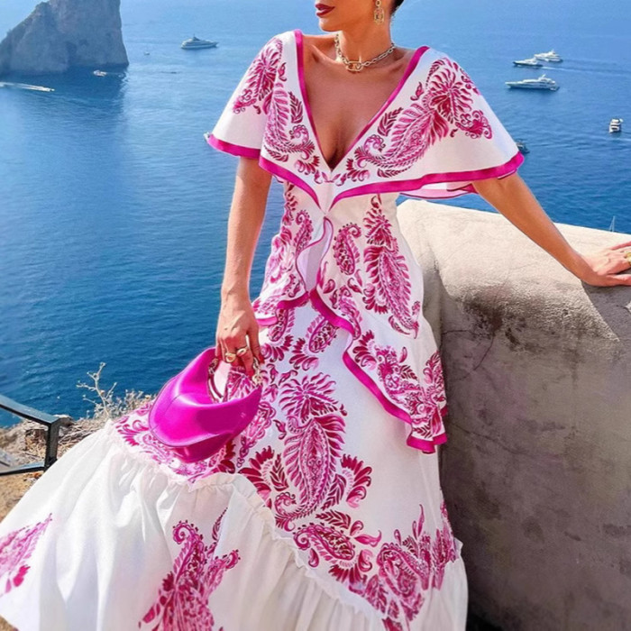 Fashion Pattern Print Party Elegant Deep V-neck Ruffle Bohemian Casual Short Sleeve Pleated Long Dresses