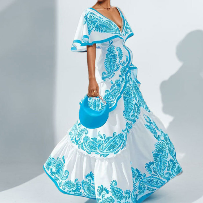 Fashion Pattern Print Party Elegant Deep V-neck Ruffle Bohemian Casual Short Sleeve Pleated Long Dresses
