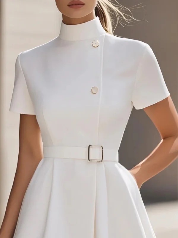 Solid Color Buttoned Belted Short Sleeves Stand Collar Mini Dresses
