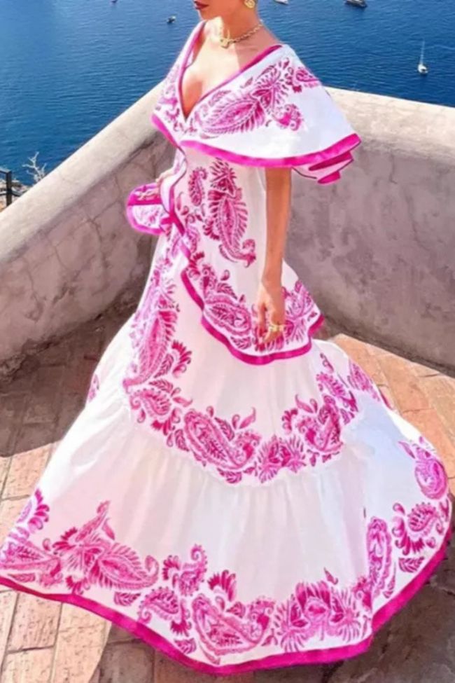 Fashion Pattern Print Party Elegant Deep V-neck Ruffle Bohemian Casual Short Sleeve Pleated Long Dresses