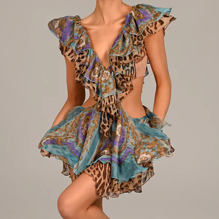 Women Casual Sleeveless Pleat Party Elegant Ruffle Deep V-neck Fashion Pattern Print Hollow Chiffon Mini Dress