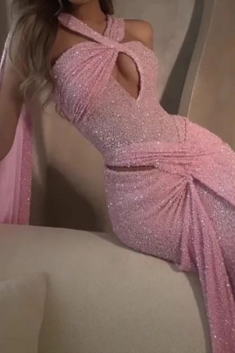 Sexy Cross Halter Solid Wrap Hip Elegant Glitter High Waist Fashion Backless Draped Slim Long Dresses