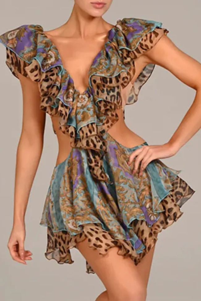 Women Casual Sleeveless Pleat Party Elegant Ruffle Deep V-neck Fashion Pattern Print Hollow Chiffon Mini Dress