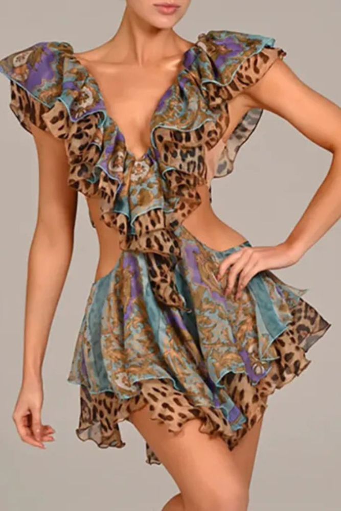 Women Casual Sleeveless Pleat Party Elegant Ruffle Deep V-neck Fashion Pattern Print Hollow Chiffon Mini Dress