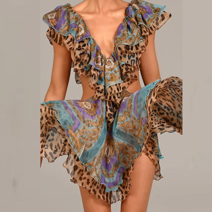 Women Casual Sleeveless Pleat Party Elegant Ruffle Deep V-neck Fashion Pattern Print Hollow Chiffon Mini Dress